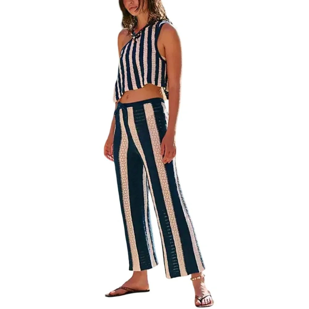 Free People free-est Joan‎ Fauxchet Set XL NWT Blue Cream One Shoulder Knit